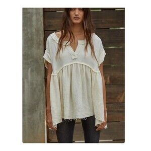 By Together Ivory Size Small Vneck Gauzy Boho Cotton Tunic Oversized Top